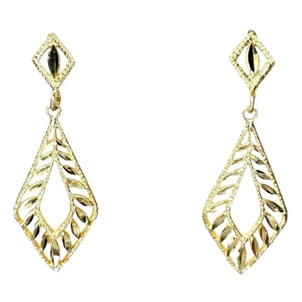 14K Gold Filigree Diamond Cut Dangle Drop Earrings